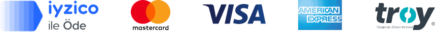 الدفع عبر iyzico وشعارات Visa وMastercard وAmerican Express وTroy